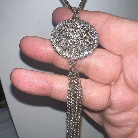 Silver Tone with Filigree and Crystal Tassel Necklace - Picture 4 of 9